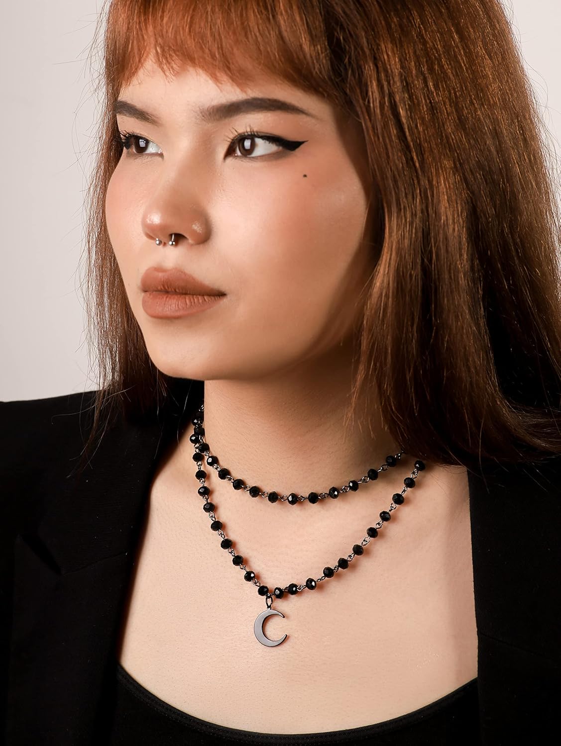 Sacina Gothic Moon Necklace, Moon Necklaces for Women, Layered Black Crescent Moon Necklace, Bead Onyx Necklace, Gothic Necklace, Goth Necklace, Christmas New Year Jewelry Gift for Women, Copper, Black Onyx, Stainless Steel, No Gemstone