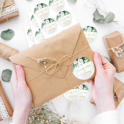 Mobiusea Creation White Floral Thank You for Celebrating with us Stickers | 2 inch | Gold Foil | 60pcs Waterproof Thank You Stickers Wedding Labels for Wedding, Bridal Shower, Baby Shower