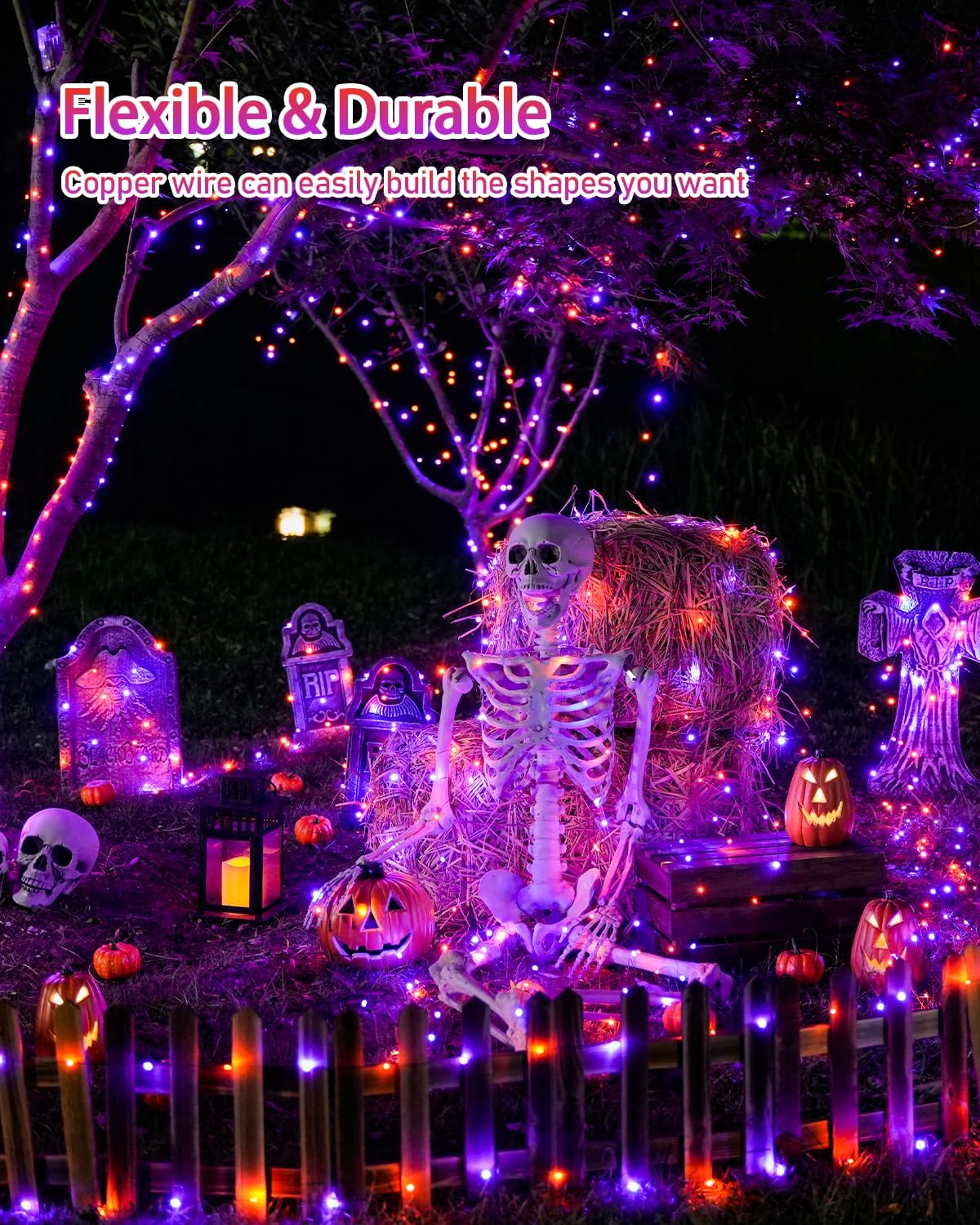Solar Halloween Decoration Lights, JMEXSUSS 2 Pack 33FT 100 LED Orange and Purple Halloween String Lights, Halloween Lights with 8 Modes for Halloween Tree Yard Outdoor Spooky Party Garden Decorations
