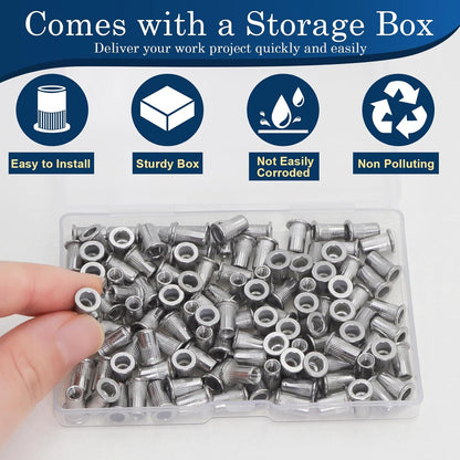 Vifmy Metric & SAE Rivet Nut Assortment Kit(420 Pcs),m3 m4 m5 m6 m8 m10 m12#6-32#8-32#10-24 1/4"-20 5/16"-18 3/8"-16 UNC Flat Head Rivnut Set,Zinc Plated Finish Carbon Steel Nutsert
