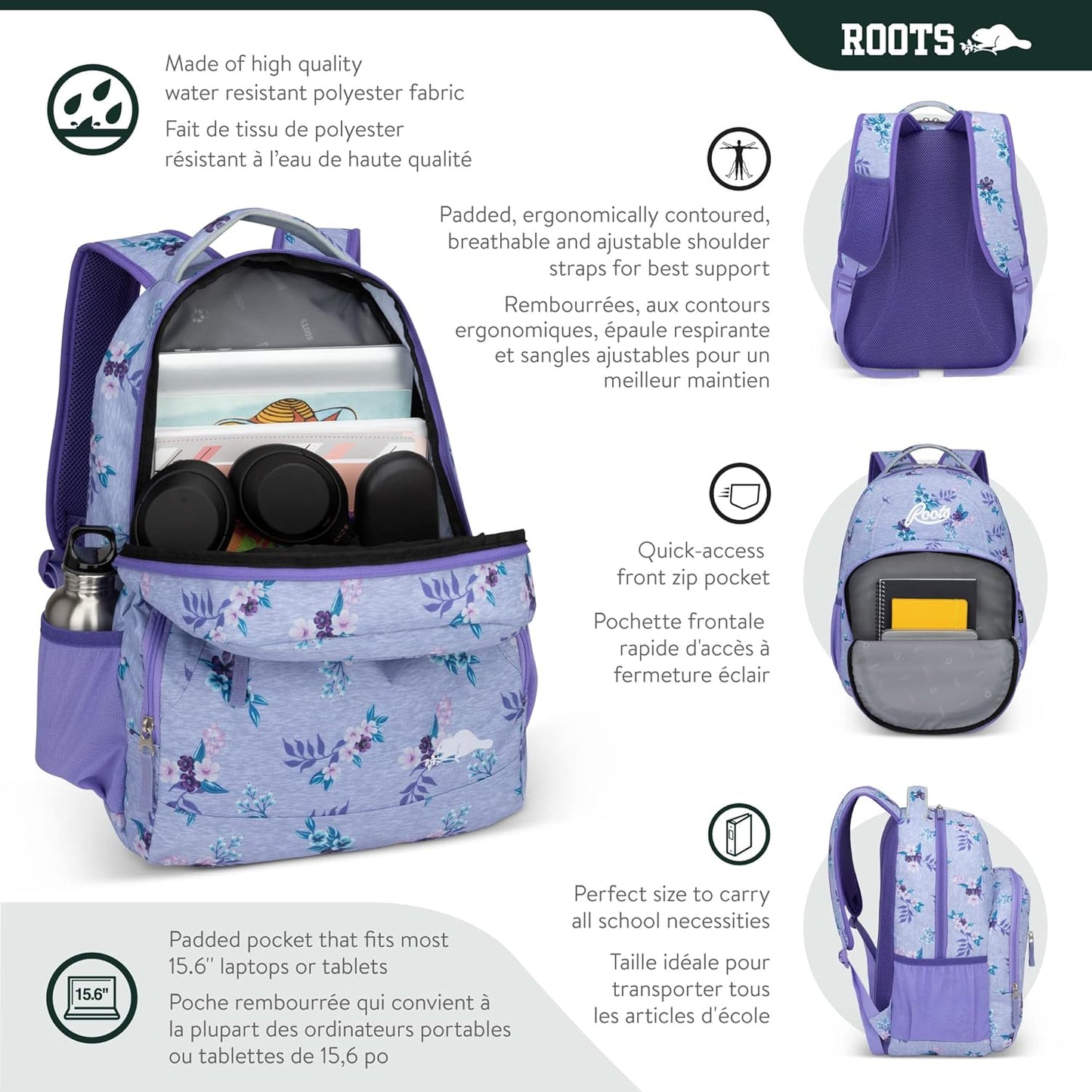 Roots Athletic 3-in-1 Matching Water Resistant Teen Backpack and Lunch Bag Set with Bonus Pencil Case - Made from 100% Recycled Fabrics - 34 litres, Blue Black Navy Camo, XL