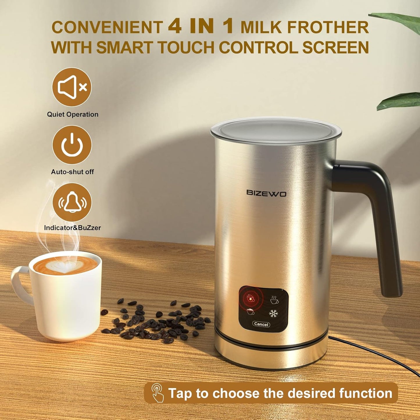 Milk Frother Electric, Coffee Frother, Warm and Cold Milk Foamer, BIZEWO 4 in 1 Automatic Milk Warmer Stainless Steel with Touch Screen, for Coffee, Latte, Hot Chocolate