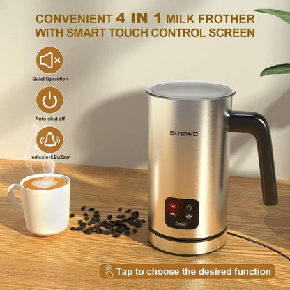 Milk Frother Electric, Coffee Frother, Warm and Cold Milk Foamer, BIZEWO 4 in 1 Automatic Milk Warmer Stainless Steel with Touch Screen, for Coffee, Latte, Hot Chocolate