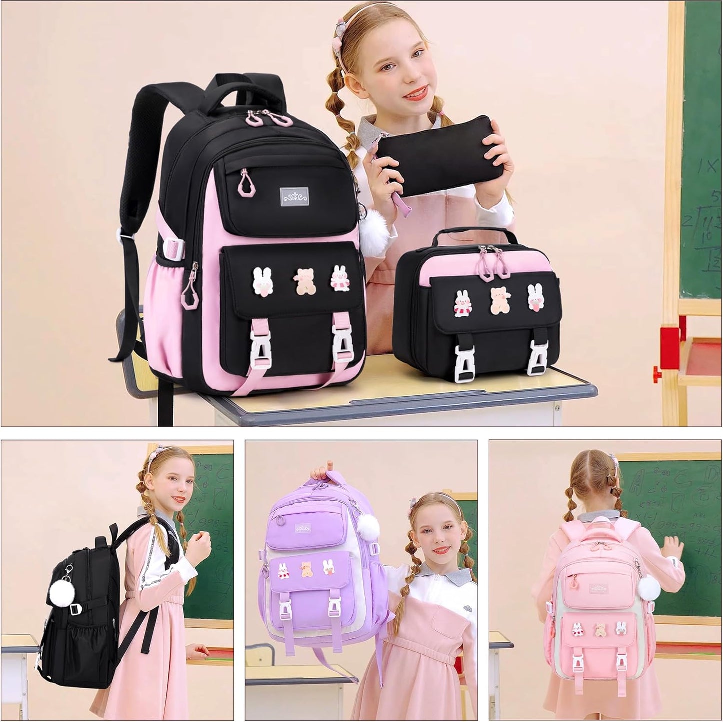 DIGOBAY Girls Backpack, School Backpack for Girls with Lunch Box Pencil Case Set for Teen Kids Girl Elementary Primary Middle High College School Bookbag with Cute Pins Pink