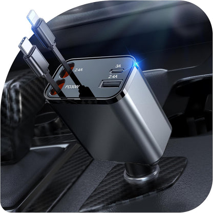 69W Retractable Car Charger, 4-in-1 Fast Car Phone Charger with 2.6ft Two Retractable Cables and USB C+USB A Car Charger Block Cube, Compatible with iPhone 16 15 14 13 12 Pro Max Plus,Galaxy,Pixel