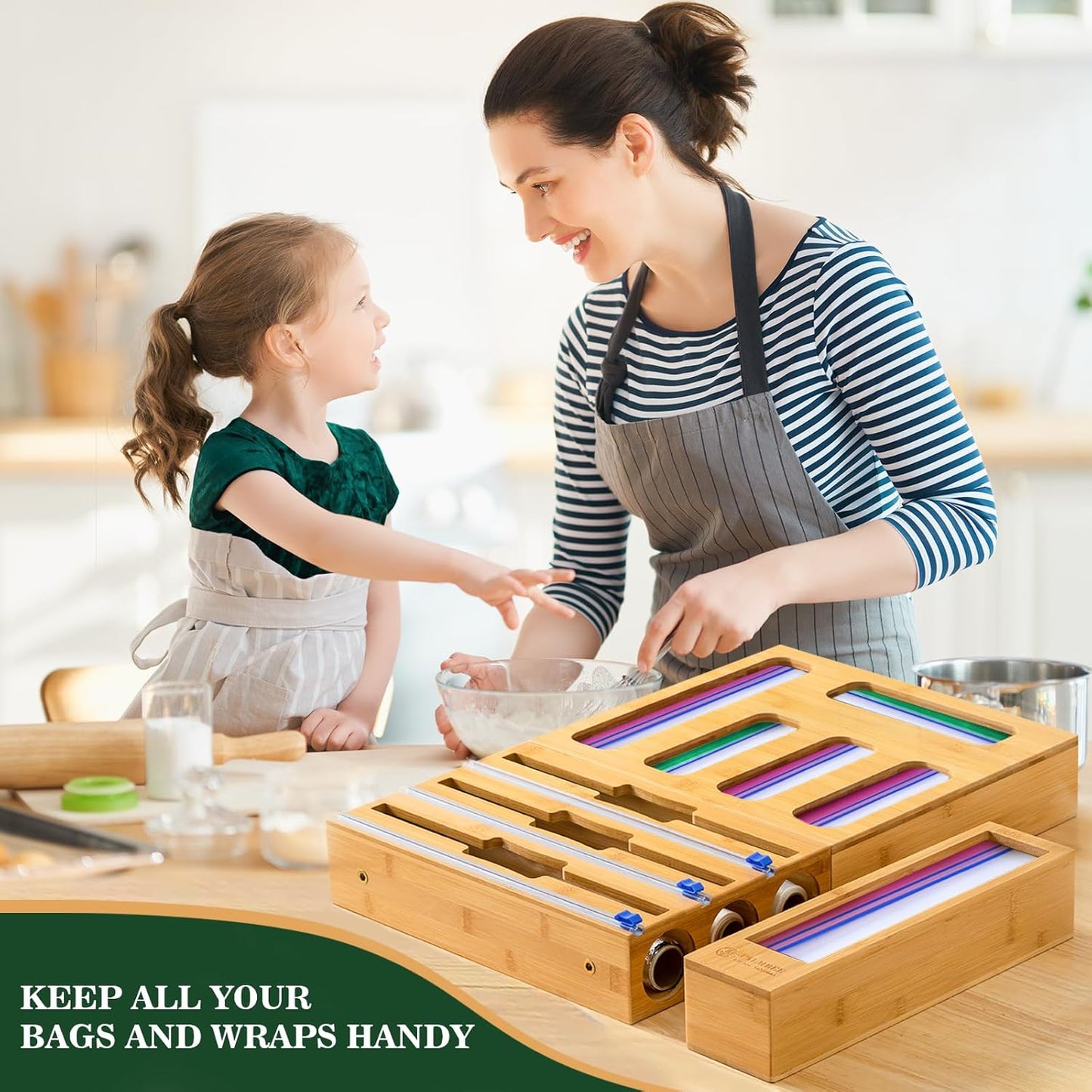 Bamboo Kitchen Drawer Organizer with Foil and Plastic Wrap Cutter, 9-in-1 Storage Bag and Wrap Dispenser for Gallon, Quart, Sandwich and Snack Sizes - PuriLite