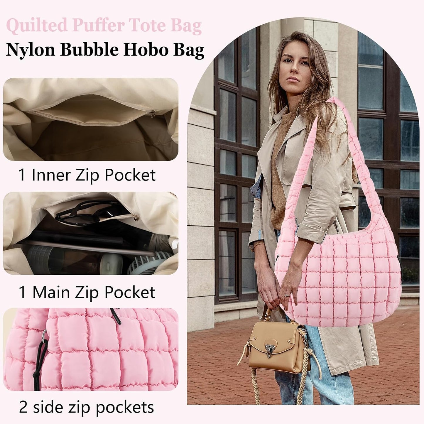 Quilted Puffer Tote Bag Large Crossbody Shoulder Bag with Zipper, Nylon Hobo Oversized Handbag