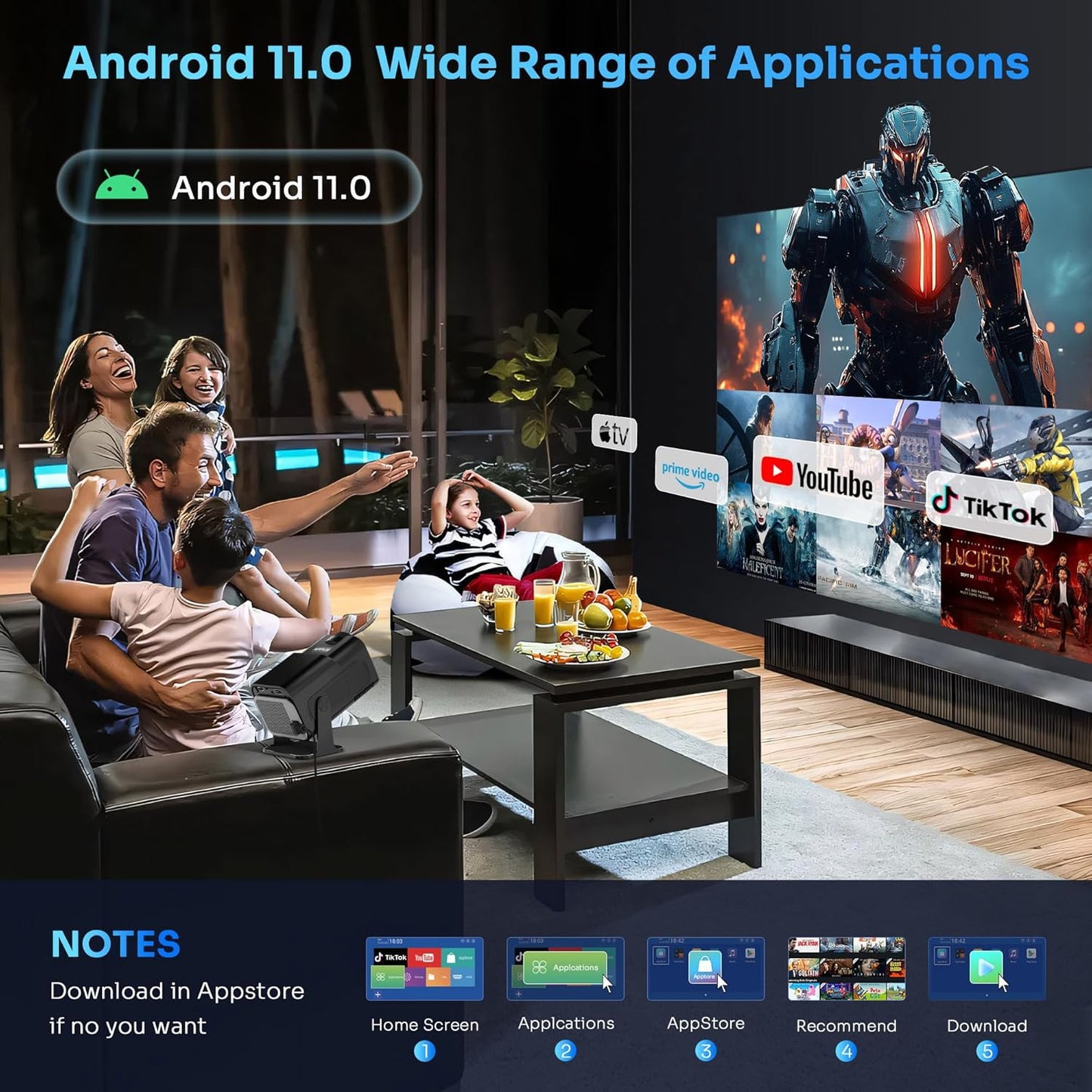 [Built-in Apps] Mini Projector 4k 1080P Support,180°Adjustable Stand Portable Projector with WIFI6 Bluetooth,Auto Keystone,Movie Projector Compatible with Smartphone/HDMI/USB