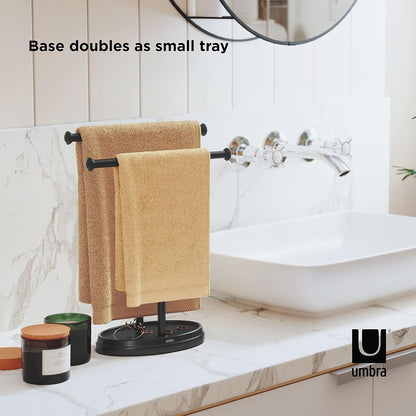 Umbra Palm Double Hand Towel Tree, Brushed Nickel 2 Towels Holder and Accessories Stand for Bathroom Vanities - Slim, Modern, Durable Bars with Base Serves as a Jewelry Tray for Rings