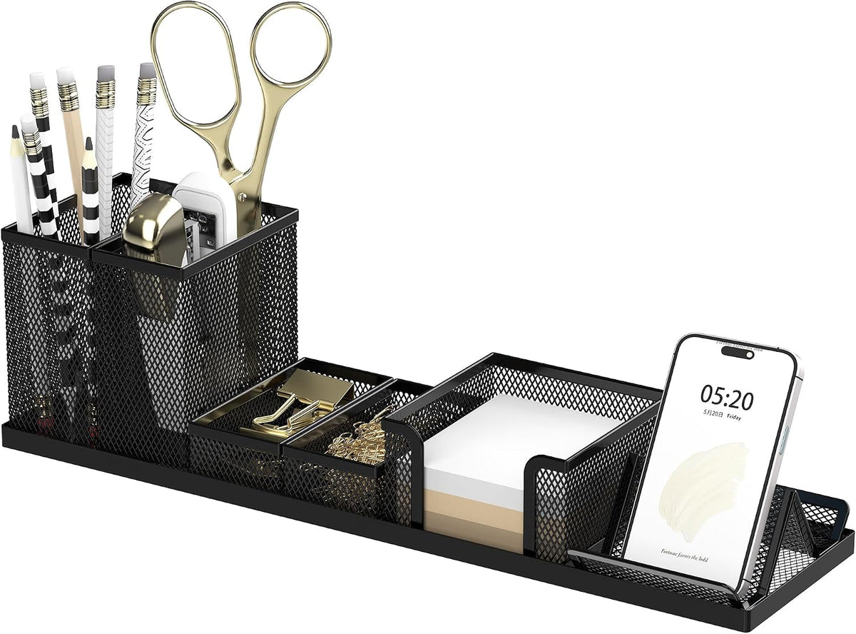 SUPEASY Desk Organizers and Accessories for Office Supplies Organization with 6 Compartments, Desk Organizer with Phone Holder, Pen Holder, Sticky Note Tray, Black