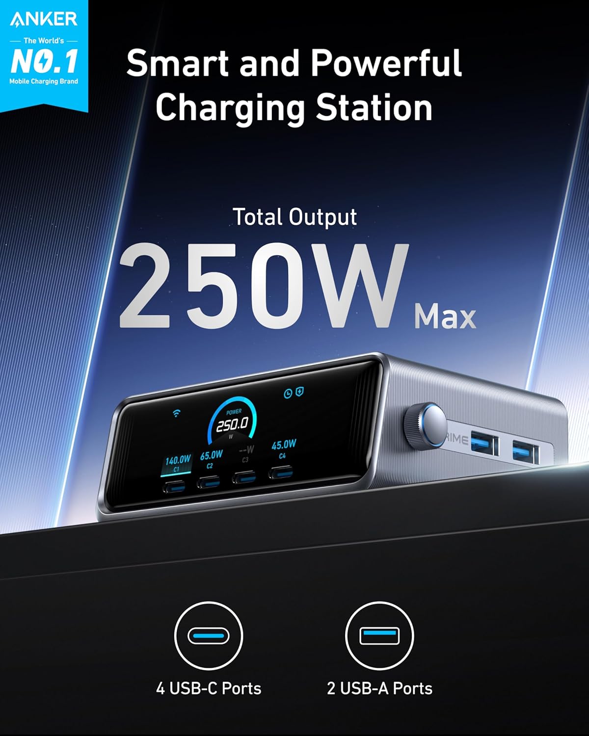 Anker Prime 250W USB-C Charger, Ultra-Fast 6-Port GaN Charging Station, 2.26" LCD Display and Smart Control Dial, Compatible with MacBook Pro/Air, iPhone 15/14/13, Pixel, Galaxy, Apple Watch, and More