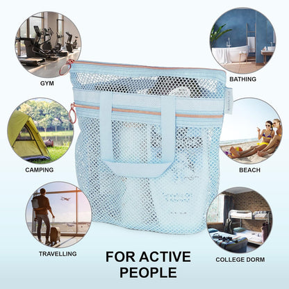 Mesh Shower Caddy Portable 10.2x9.9'' Shower Bag with Zipper & 2 Pockets. Shower Tote Ideal for Gym, Travel, Camp, Beach, for Sunscreen, Dorm & College Essentials (Black)