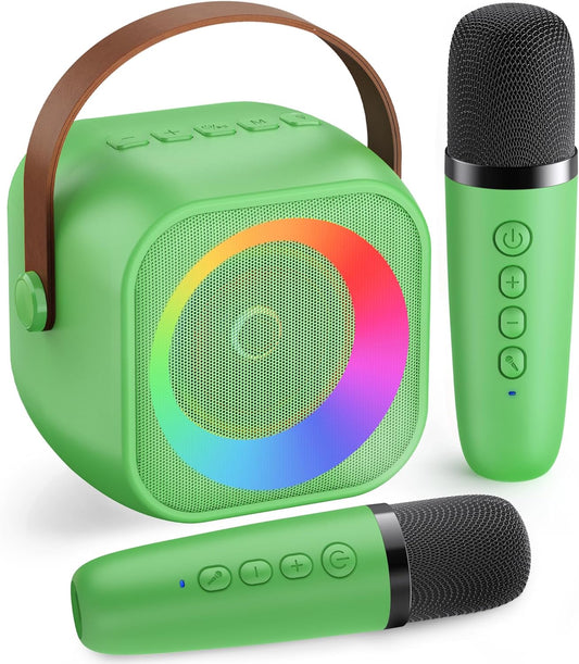 Mini Karaoke Machine：Portable Bluetooth Karaoke Microphone Singing Speaker with 2 Wireless Mic and Light Kids Adults,Christmas Birthday Gifts for Girls Boys Family Home Party(Green)