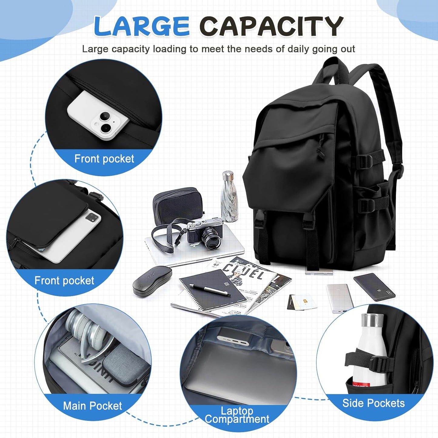 School Backpack for Women Men College High School Bags for Boys Girls Casual Daypack Laptop Backpack Waterproof Black Bookbag Travel Rucksack