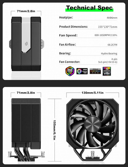 upHere White Dual-Tower 5V ARGB CPU Air Cooler, 6×Ф6mm Heatpipes,Dual PWM Fan Computer Cooling,TDP 265W, Intel LGA2066/2011/1700/1851/1200/115X; AMD AM4/AM5 (158mm in Height) up2TC6