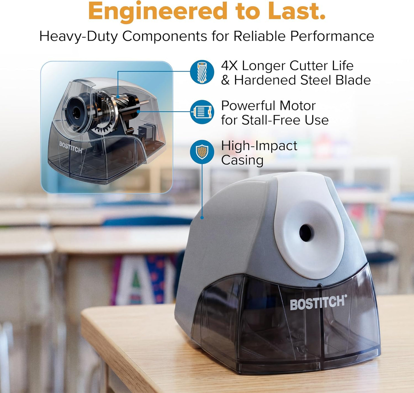 Bostitch Office Personal Electric Pencil Sharpener, Powerful Stall-Free Motor, High Capacity Shavings Tray, Gray (EPS4-KTGRAY)