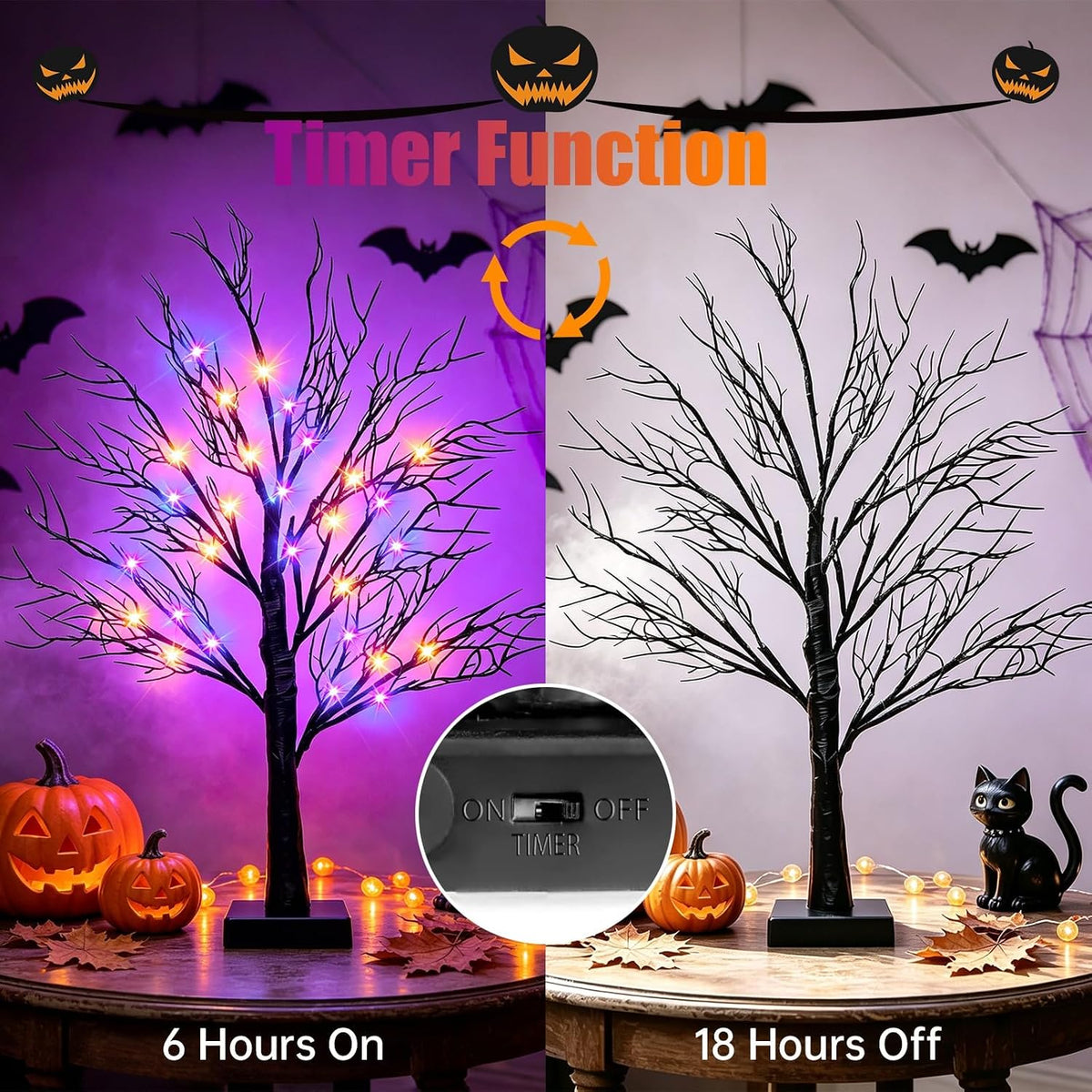 Halloween Decorations Indoor, 2 Pack 26 Inch Black Halloween Tree Set, 56 Orange & Purple LED Lights, USB & Battery Powered Tabletop Spooky Twig Trees with Timer, Creepy Halloween Decor for Mantels