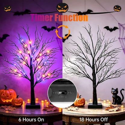 Halloween Decorations Indoor, 2 Pack 26 Inch Black Halloween Tree Set, 56 Orange & Purple LED Lights, USB & Battery Powered Tabletop Spooky Twig Trees with Timer, Creepy Halloween Decor for Mantels