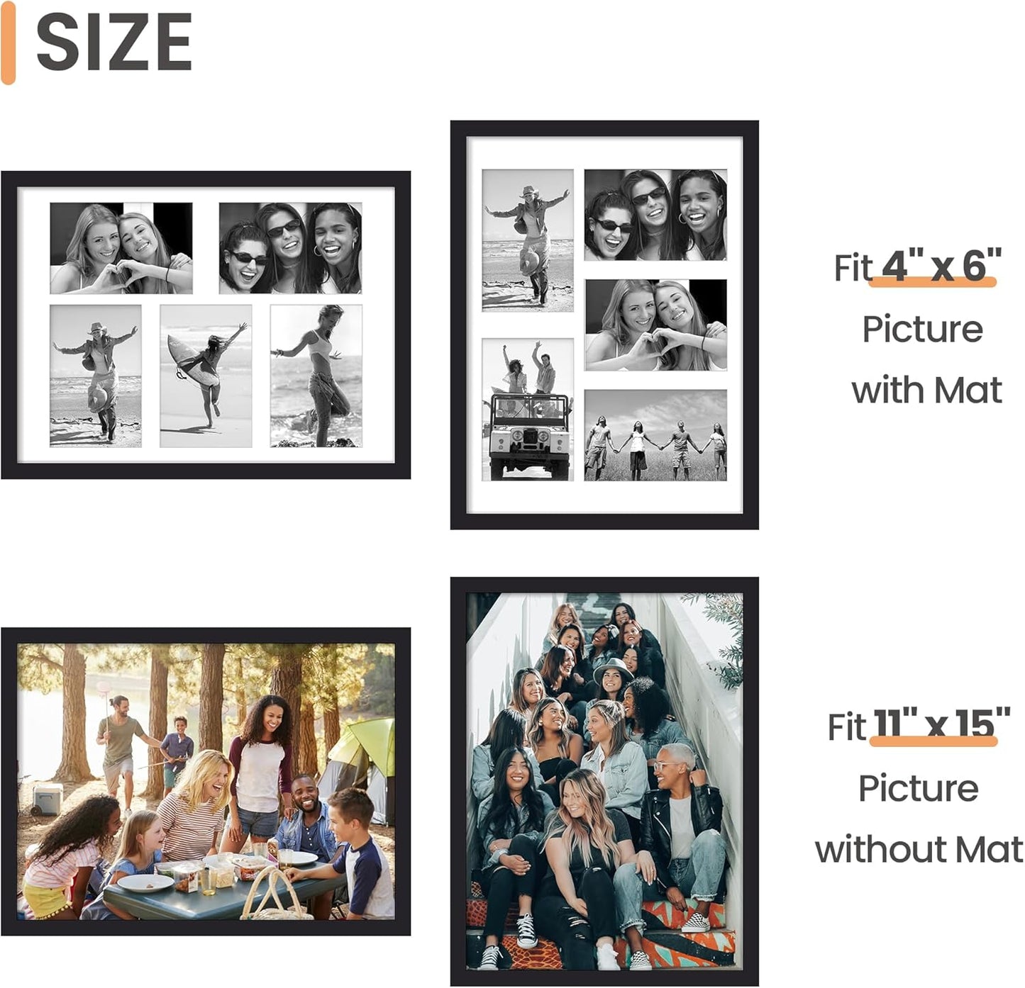 upsimples 11x14 Picture Frame, Display Pictures 8x10 with Mat or 11x14 Without Mat, Wall Hanging Photo Frames, Black