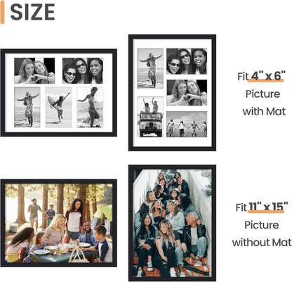 upsimples 11x14 Picture Frame, Display Pictures 8x10 with Mat or 11x14 Without Mat, Wall Hanging Photo Frames, Black