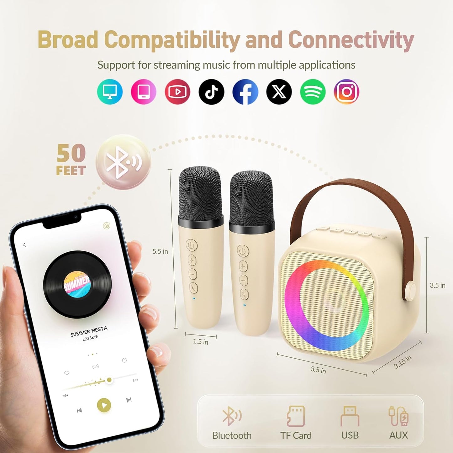 Karaoke Machine, Portable Bluetooth Karaoke Speaker with 2 Wireless Microphones and Party Lights for Kids and Adults, Birthday Gifts for Girls Boys Family Home Party (Beige2)