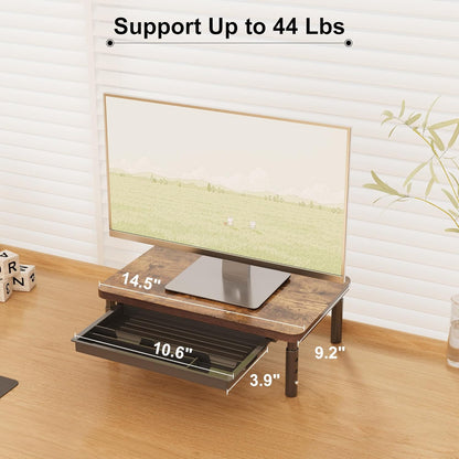 Adjustable Monitor Stand Riser for Desk with Storage Drawer, Ergonomic Computer Monitor Stand for Office and Home, Wooden Desktop Stand for Monitor, Laptop, or Printer (Walnut Finish) - PuriLite