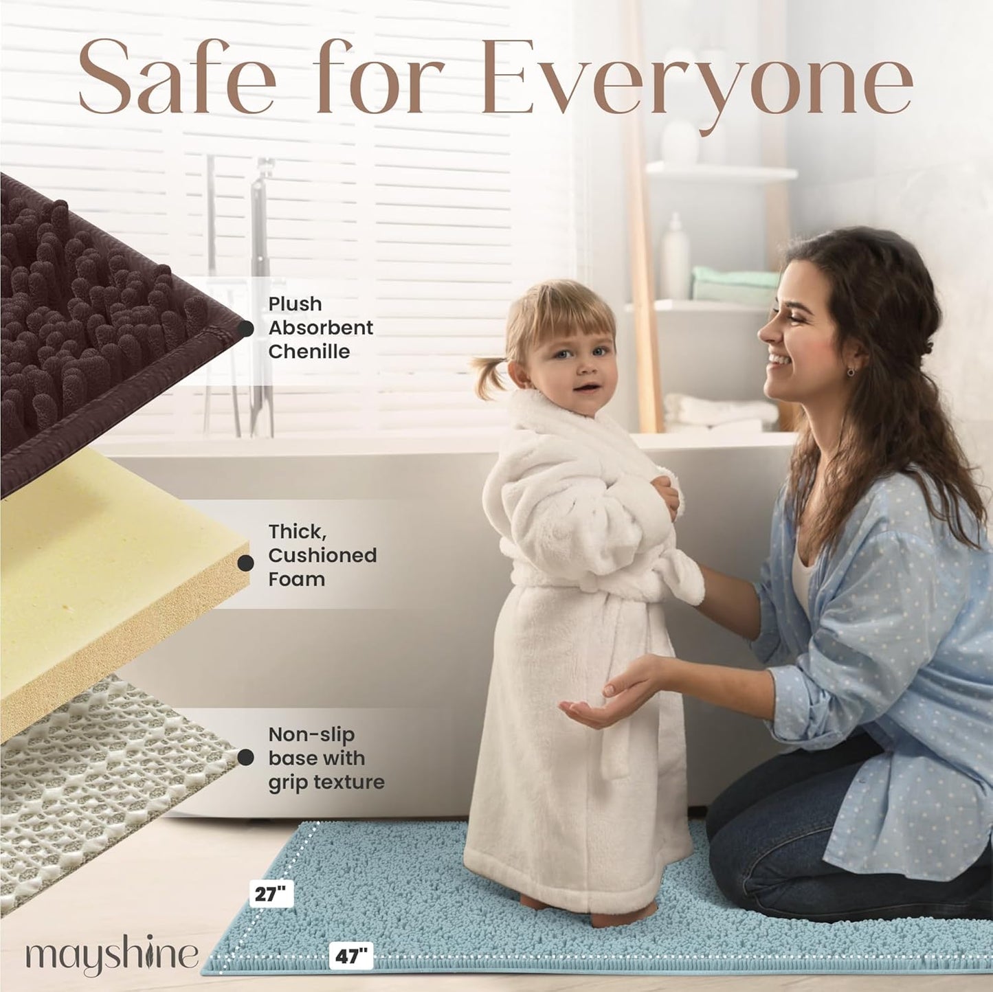 Soft Plush Chenille Bathroom Rug, Absorbent Microfiber Bath Mat, Machine Washable, Non-Slip Grip, Quick-Dry, Thick Shag Carpet Great for Bath, Shower Floor, Bedroom, or Door Mat (Beige, 17x24)