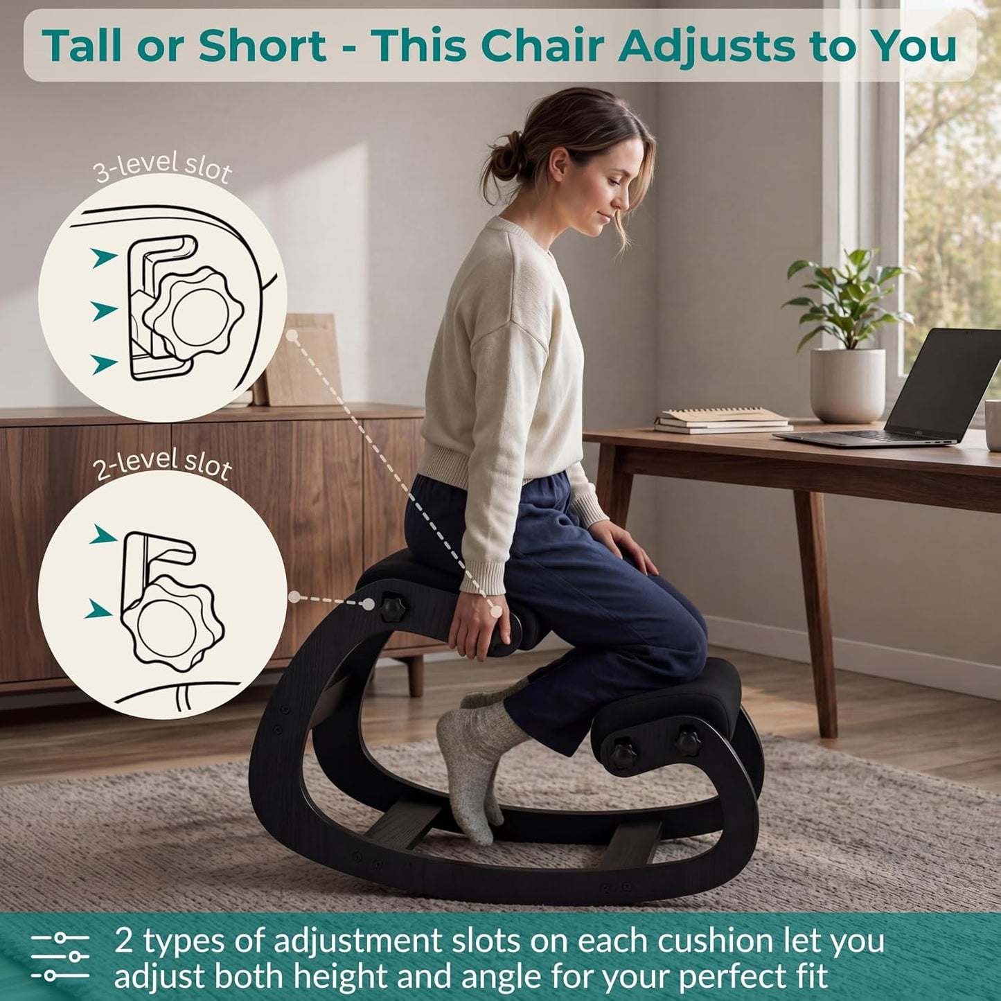 NYPOT Ergonomic Kneeling Chair with Adjustable Seat – Rocking Wooden Desk Stool for Home Office and Standing Desks – Modern Active Sitting Chair (Black)