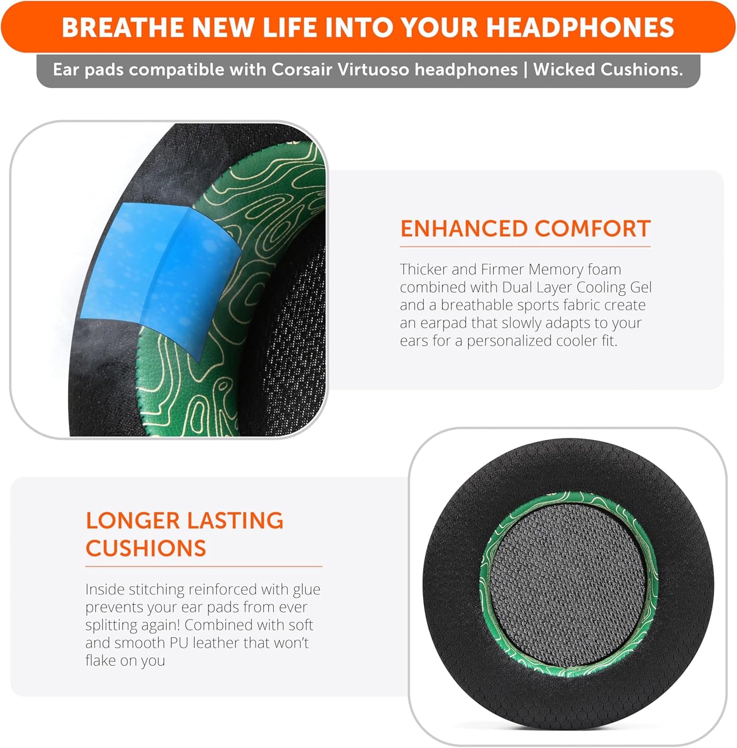 WC Freeze Virtuoso - Hybrid Fabric Cooling Gel Replacement Earpads for Corsair Virtuoso Gaming Headset, Made by Wicked Cushions, Improved Durability, Thickness and Sound Isolation |90s Black