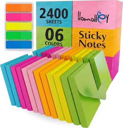 Sticky Notes 3x3, 24 Pads/2400 Sheets, Strong Self-Adhesive Note Pads | 3x3 Sticky Notes Pad, 6 Bright Colors, Repositionable, Removes Cleanly, Smooth Thick Paper, Ideal for Home, Office & School