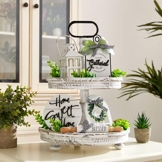 Houmury Set of 16 Farmhouse Tiered Tray Decor with 1 Lantern Artificial Plant& Cutting Board Sign for Rustic Home Kitchen Decor Tier Tray Decor Set (Tiered Tray Not Included) - PuriLite
