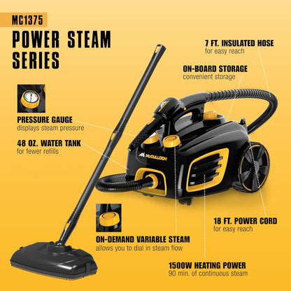 McCulloch MC1375 Canister Steam Cleaner with 20 Accessories, Extra-Long Power Cord, Chemical-Free Cleaning for Most Floors, Counters, Appliances, Windows, Autos, and More, 1-(Pack), Black