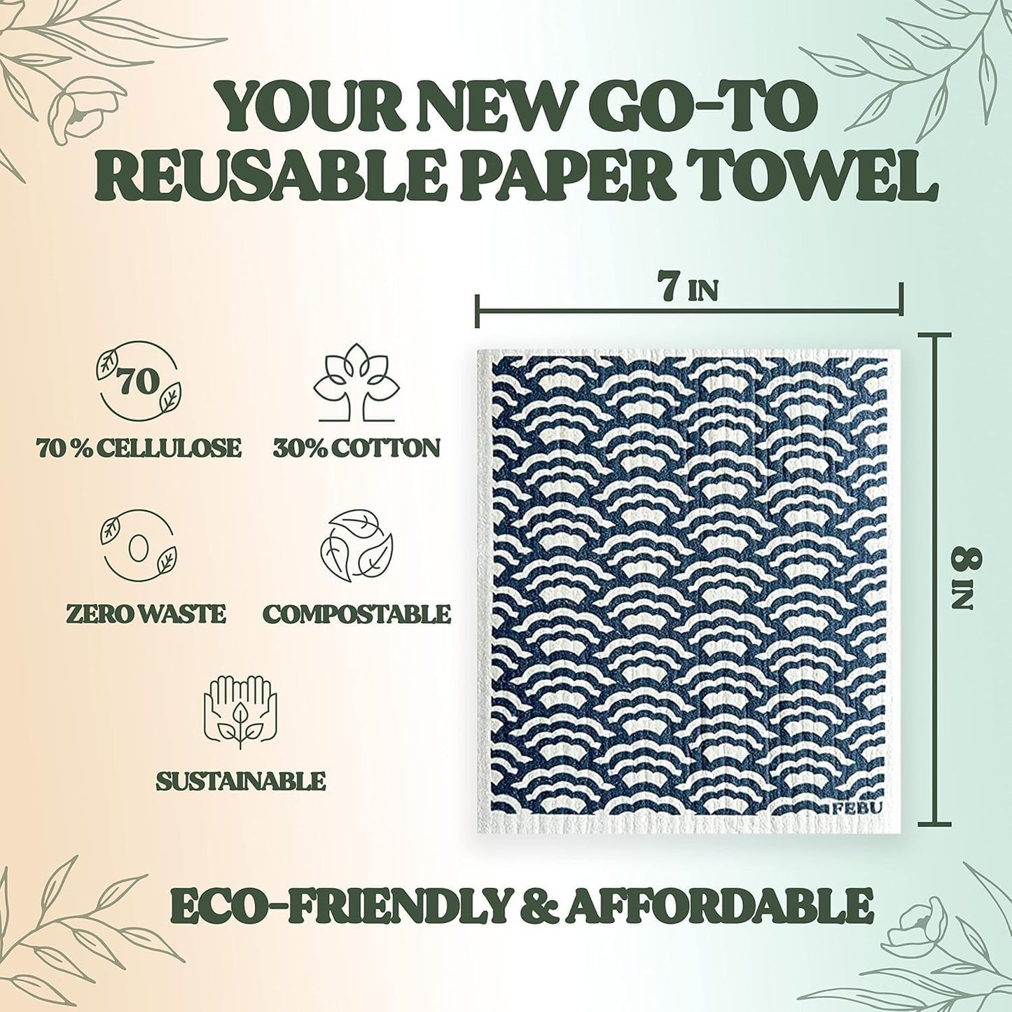 FEBU Swedish Dishcloths for Kitchen | 5 Pack Italian Summer Reusable Paper Towels | Reusable Paper Towels Washable | Non-Scratch Cellulose Sponge Cloths | No Odor, Biodegradable, Swedish Cloths