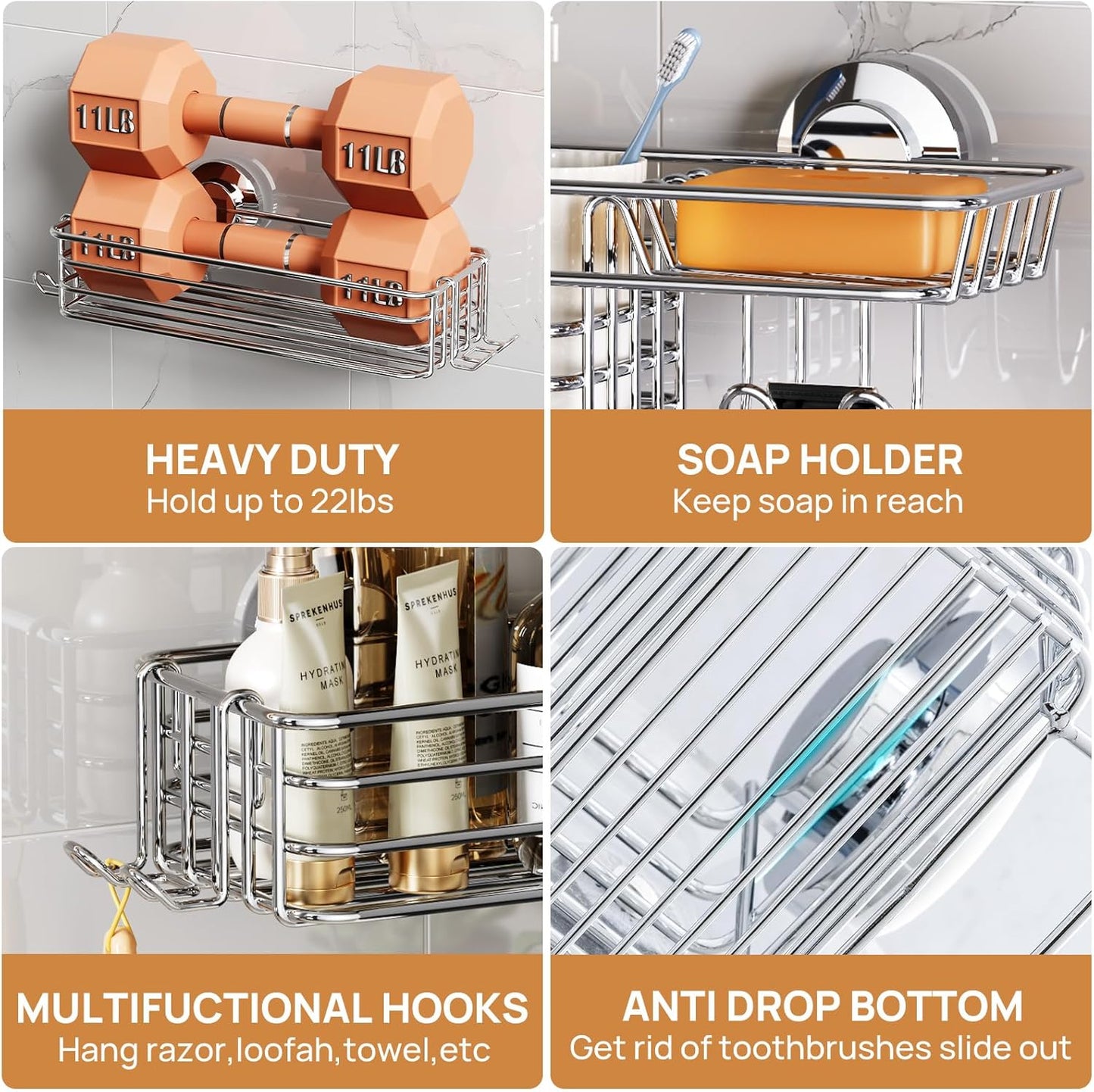 LEVERLOC Shower Caddy Suction Cup, 2 Pack Black Shower Shelf with Hooks and Soap Holder, NO-Drilling Bathroom Organizer, Rustproof Metal Bathroom Storage and Organization
