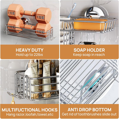 LEVERLOC Shower Caddy Suction Cup, 2 Pack Black Shower Shelf with Hooks and Soap Holder, NO-Drilling Bathroom Organizer, Rustproof Metal Bathroom Storage and Organization