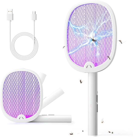 YISSVIC Bug Zapper Racket 4000 Volt Electric Fly Swatter Fly Zapper Dual Modes with Attractant Light Rechargeable White