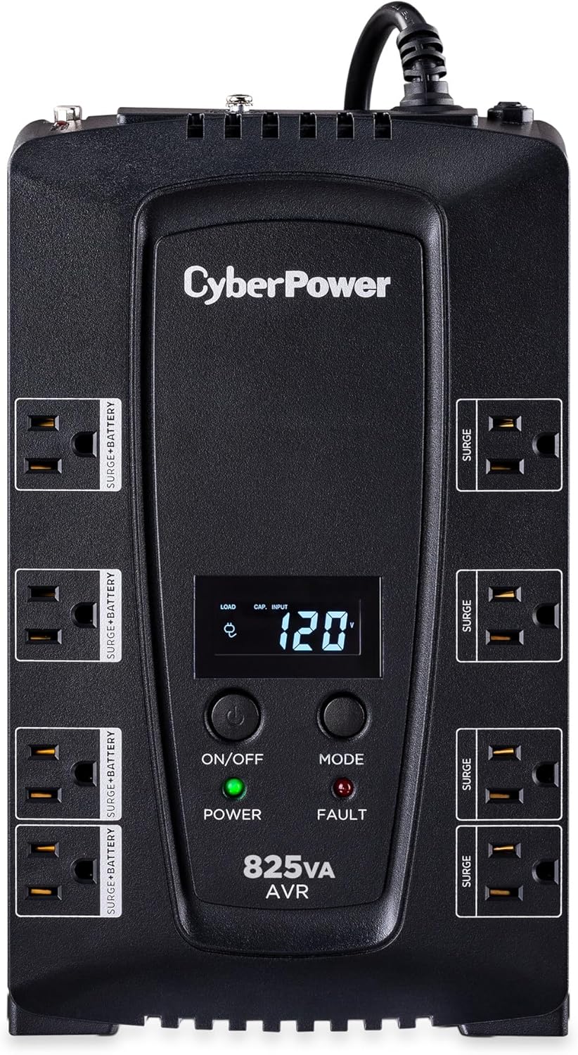 CyberPower CP825AVRLCD Intelligent LCD UPS System, 825VA/450W, 8 Outlets, AVR, Compact