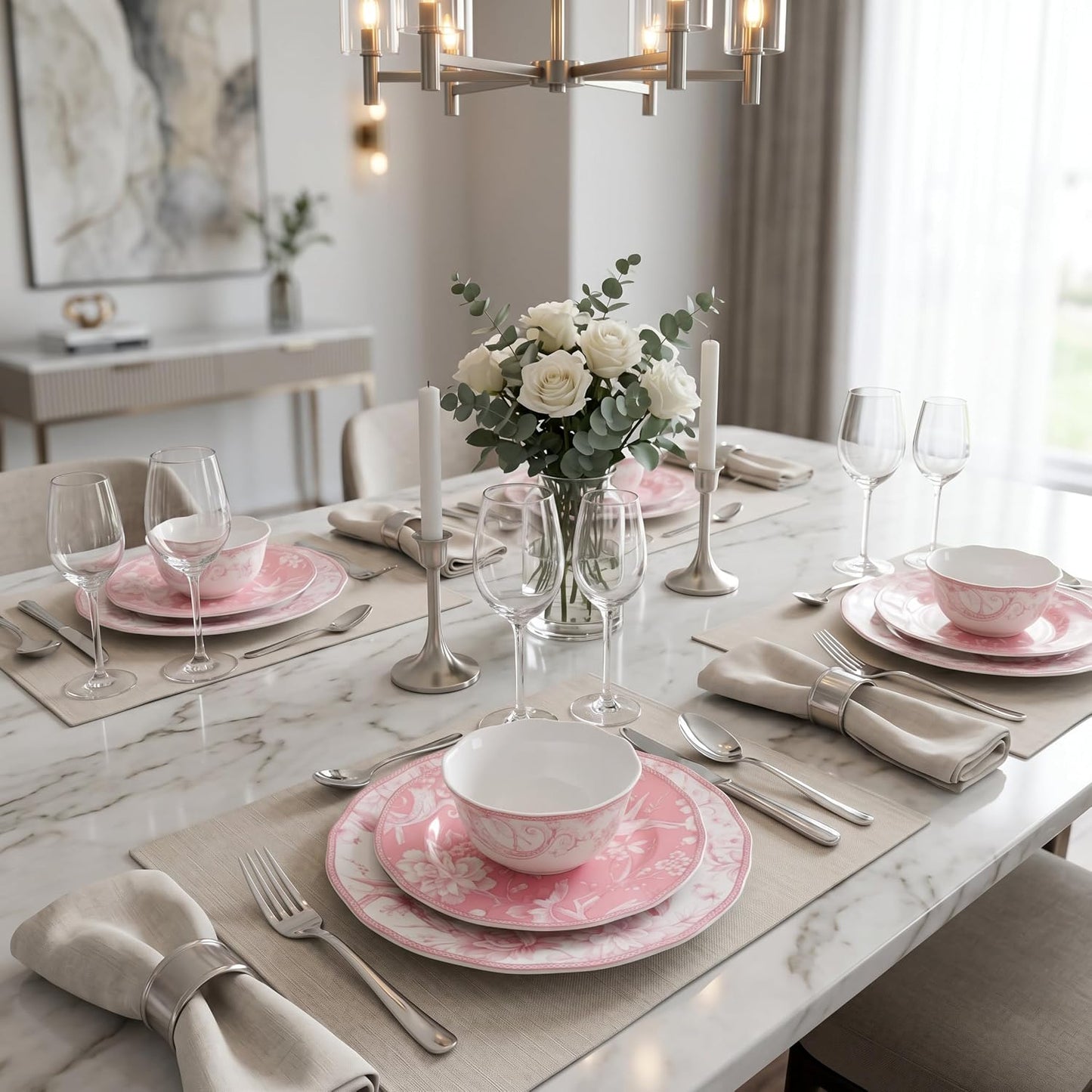 222 Fifth Adelaide Blush 12-Piece Pink Porcelain Dinnerware Set – Service for 4, Plate & Bowl Set, White with Pink Floral Pattern, for Daily Dining & Entertainment, Microwave & Dishwasher Safe
