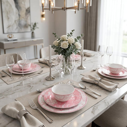 222 Fifth Adelaide Blush 12-Piece Pink Porcelain Dinnerware Set – Service for 4, Plate & Bowl Set, White with Pink Floral Pattern, for Daily Dining & Entertainment, Microwave & Dishwasher Safe