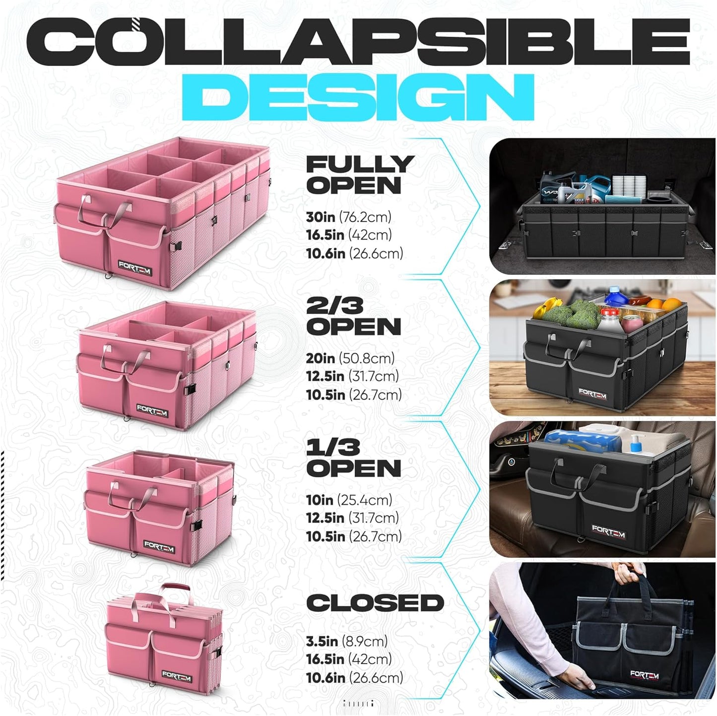 FORTEM Car Trunk Organizer, Collapsible Multi Compartment Car Organizer, Foldable SUV Storage for Car Accessories for Women Men, Non Slip Bottom, Securing Straps, Soft Cover 50L (Black, Standard)