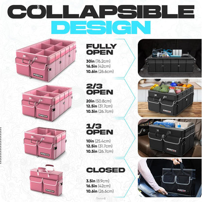 FORTEM Car Trunk Organizer, Collapsible Multi Compartment Car Organizer, Foldable SUV Storage for Car Accessories for Women Men, Non Slip Bottom, Securing Straps, Soft Cover 50L (Black, Standard)