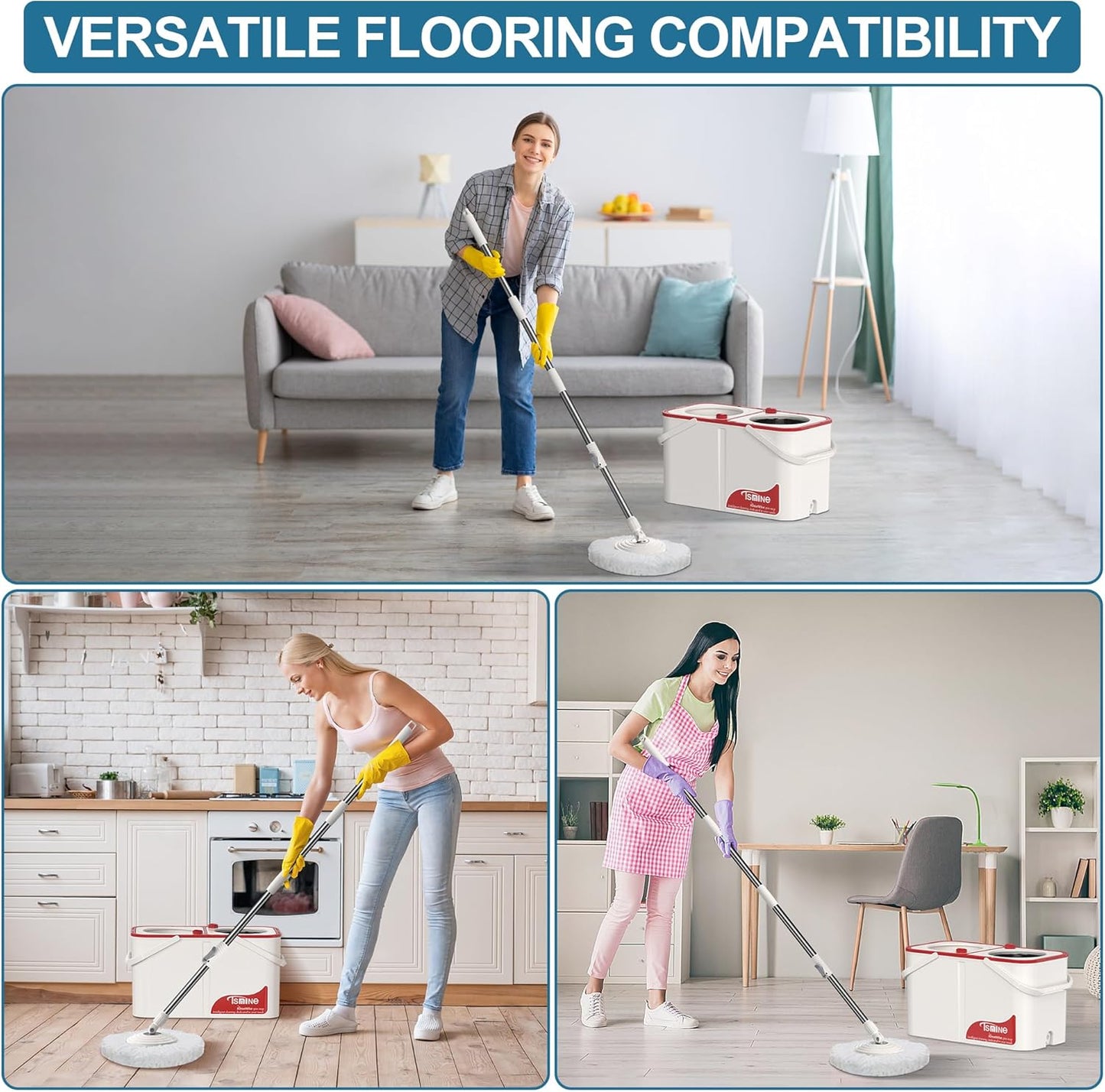 RinseWise Spin Mop and Bucket Separate Clean and DirtyWater, Mop and Bucket with Wringer Set, 4-Chamber Commercial Spinning Mopping Bucket Cleaning Supplies with 8 Microfiber Replacement Head Refills