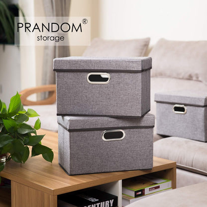 PRANDOM Large Foldable Storage Bin with Lid [1-Pack] Linen Fabric Decorative Storage Box Organizer Containers Basket Cube with Handles Divider for Bedroom Closet Office Living Room (17.7x11.8x11.8")