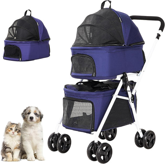 Dog Stroller Pet Stroller for Small Medium Dogs & Cats, 4-Wheel Cat Stroller, Foldable Dog Stroller with Suspension System/Link Brake, Max.44 LBS