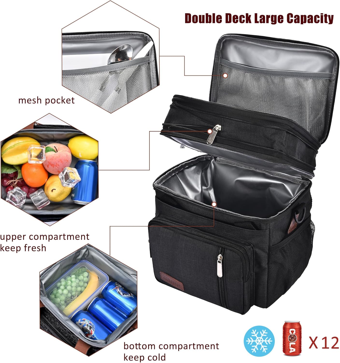 Lunch Bag for Women Men Double Deck Lunch Box - Leakproof Insulated Soft Large Lunch Cooler Bag, MIYCOO (Black,15L)