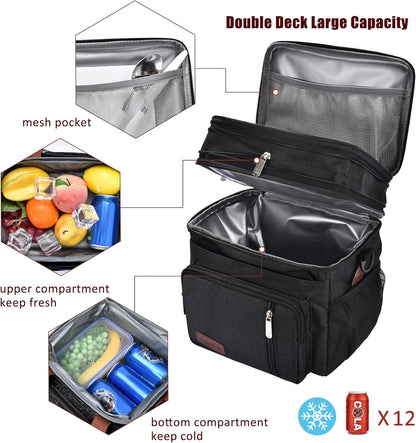 Lunch Bag for Women Men Double Deck Lunch Box - Leakproof Insulated Soft Large Lunch Cooler Bag, MIYCOO (Black,15L)