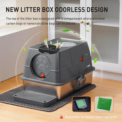 Citylife Stainless Steel Litter Box with Lid Flip-Top Removable High Enclosed Cat Litter Box with Litter Mat Step&Litter Scoop Metal Litter Pan Easy Cleaning Odor-Resistant Large Space for Cats Black
