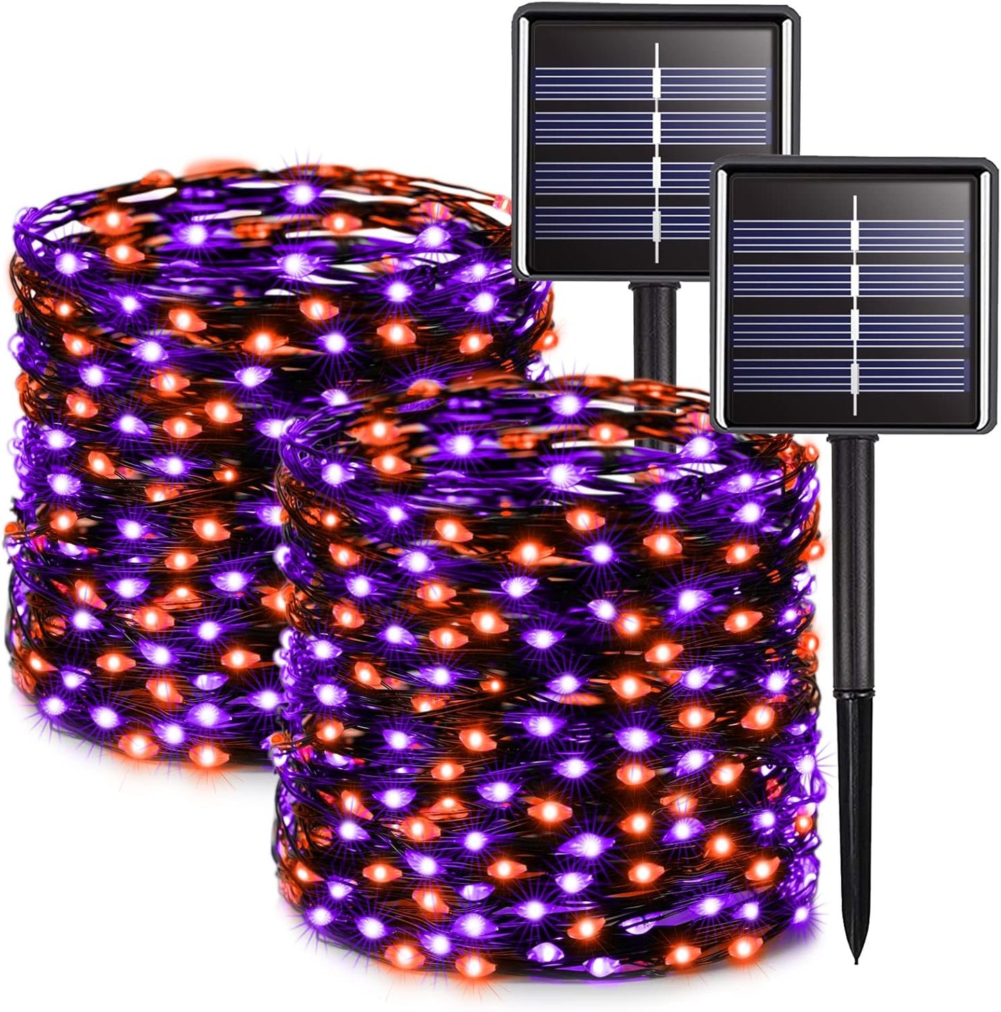 Solar Halloween Decoration Lights, JMEXSUSS 2 Pack 33FT 100 LED Orange and Purple Halloween String Lights, Halloween Lights with 8 Modes for Halloween Tree Yard Outdoor Spooky Party Garden Decorations