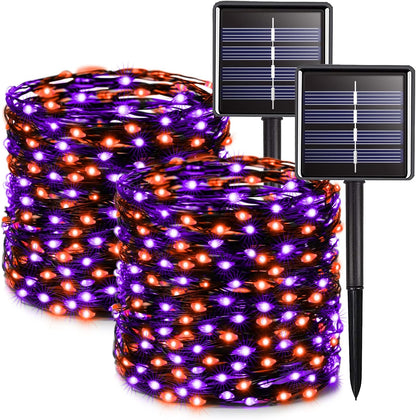 Solar Halloween Decoration Lights, JMEXSUSS 2 Pack 33FT 100 LED Orange and Purple Halloween String Lights, Halloween Lights with 8 Modes for Halloween Tree Yard Outdoor Spooky Party Garden Decorations