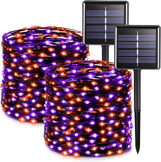 Solar Halloween Decoration Lights, JMEXSUSS 2 Pack 33FT 100 LED Orange and Purple Halloween String Lights, Halloween Lights with 8 Modes for Halloween Tree Yard Outdoor Spooky Party Garden Decorations